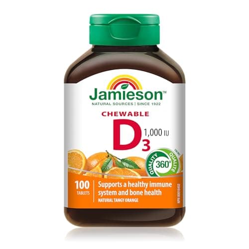 Jamieson Chewable Vitamin D3 1,000 IU Natural Tangy Orange Flavour, Supports Immune Health, Strong Bones and Teeth. Vegetarian, Non-GMO,...