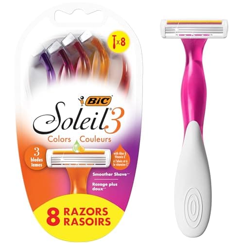 BIC Soleil 3 Colors Women's Disposable 3-Blade Razors, Aloe Vera and Vitamin E Strip for Smooth Glide, 8-Pack