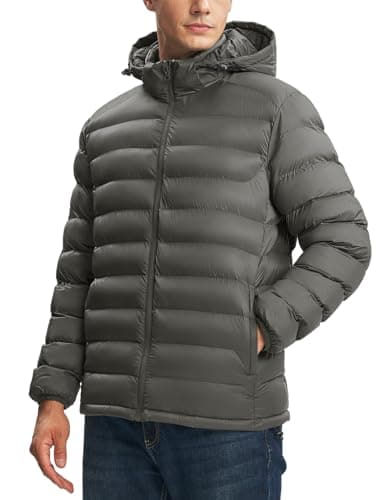 BGOWATU Men's Lightweight Puffer Jacket Detachable Hood, Water-Resistant Insulated Puffy Down Jacktes, Quilted Winter Coat Dark Grey XL
