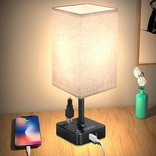 COZOO Bedside Table Desk Lamp with 2 USB Charging Ports and 2 Outlets,Charger Base with White Fabric Shade,LED Table Lamp for...
