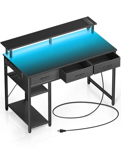 Rolanstar Computer Desk with Power Outlets & LED Light, 39 inch Home Office Desk with 3 Drawers and Storage Shelves, Writing Desk with Monitor...