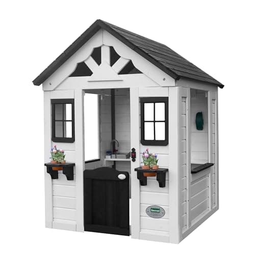 Backyard Discovery Sweetwater White Cedar Wooden Kids Playhouse Cottage with Play Kitchen, Snack Bar, Half Door, Toy Phone, Windows, Flowerpot...