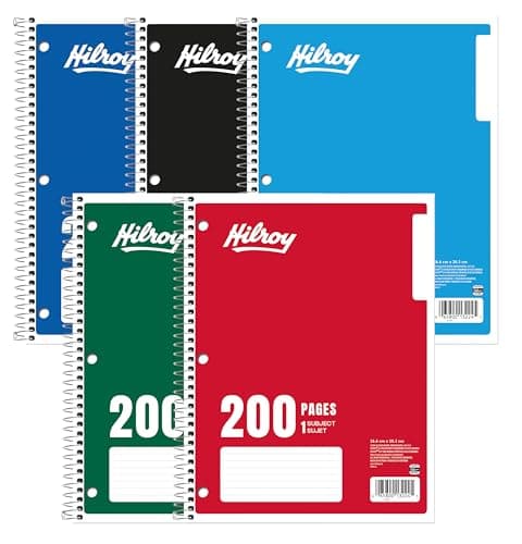 Hilroy 1-Subject Coil Notebook, 8" x 10.5" Sheet Size, Wide Ruled, 3-Hole Punched, 200 Pages/100 Sheets, 1 Notebook, Assorted Colour Covers, Colour...