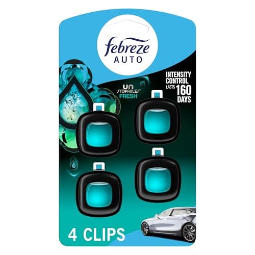 Febreze Unstopables Désodorisant pour voiture anti-odeurs de voiture Clip d'aération Parfum frais, 0,07 oz. Clip pour grille d'aération de voiture, paquet de 4