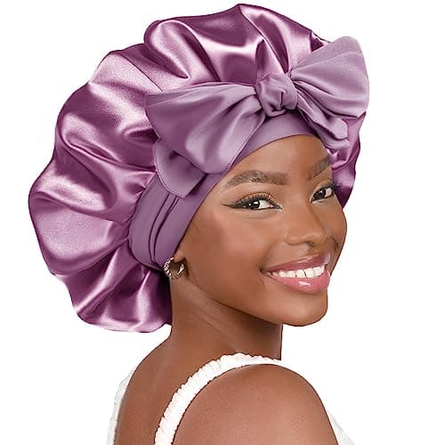 YANIBEST Bonnet en Soie pour Femmes Dormantes Bonnet en Satin Double Couche Bonnet de Cheveux Doublé de Satin avec Bande de Cravate Cheveux Naturels Bouclés Violet