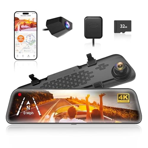 WOLFBOX G840S 12" 4K Mirror Dash Cam Caméra de recul, rétroviseur intelligent WiFi 5,8 GHz pour voitures et camions, double caméras de vue avant et arrière, nuit...