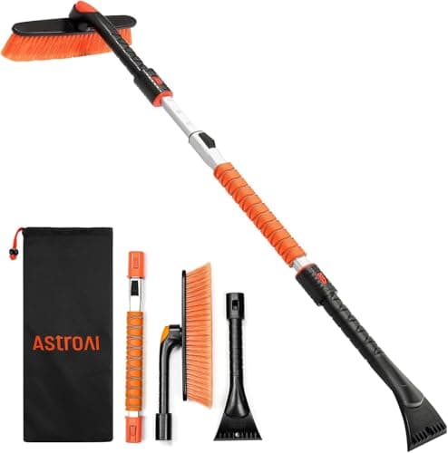 AstroAI Brosse à neige extensible de 119,9 cm pour grattoir à glace de voiture, pare-brise et poignée en mousse avec tête de brosse pivotante à 360° pour voiture, camion, SUV (Orange)
