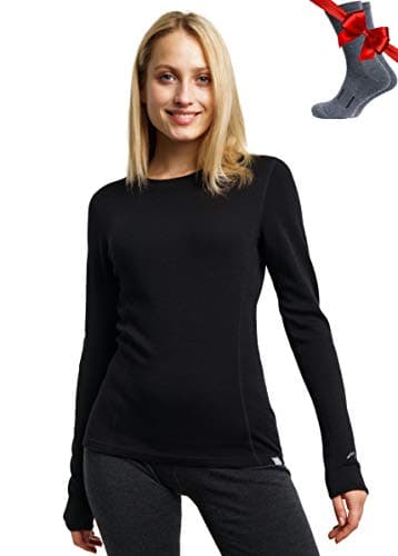 Merino.tech Couche de base en laine mérinos pour femme 100 % laine mérinos Lite, chemise thermique à manches longues avec chaussettes (XL, noir 250)
