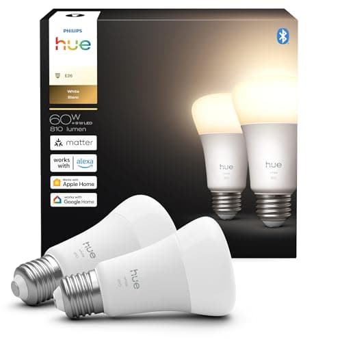Philips Hue Smart LED A19 Bulb, Warm White Light 2700K, E26 Base, 9W, 810 Lumens, Dimmable, Works with Alexa, Google Assistant, and Apple Home, 2 Pack