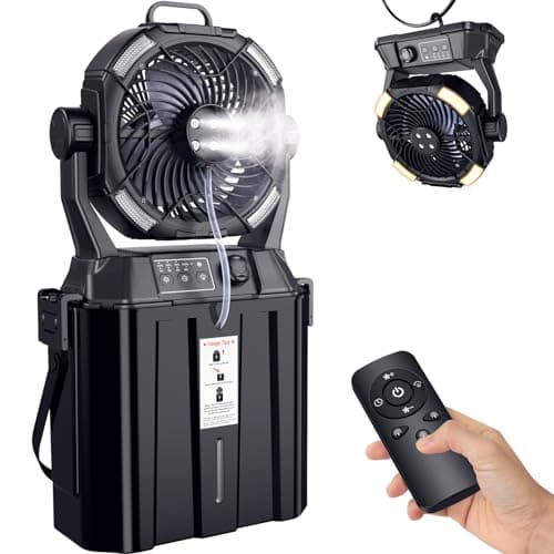 Ventilateur brumisateur portable pour les patios extérieurs - Ventilateur alimenté par batterie rechargeable de 20 000 mAh, 3 modes d'éclairage LED et ventilateur de camping à contrôle de vitesse en continu avec 6 L...