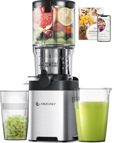 AMZCHEF Presse-agrumes à froid, presse-agrumes de 5,4" avec grande goulotte d'alimentation pour fruits et légumes entiers, presse-agrumes à mastication lente en acier inoxydable facile...