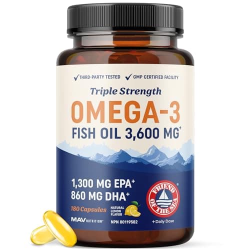 Triple Strength Omega 3 Fish Oil 3600 mg | EPA & DHA | Over 2100mg Omega-3 Fatty Acids | 1300mg EPA + 860mg DHA | Best Essential Fatty Acids |...