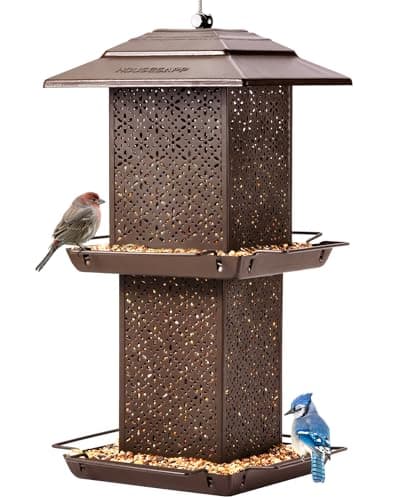 HouseSapp Mangeoires à oiseaux pour l'extérieur à suspendre - Mangeoire à oiseaux à double niveau en métal de grande capacité de 6 lb, résistante à la mastication, aux intempéries et à l'eau pour oiseaux sauvages...