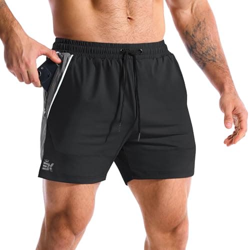 BROKIG Short de sport DriArmor pour homme, short léger de 12,7 cm, pour course à pied, entraînement, tennis, avec poche zippée (noir, taille M)