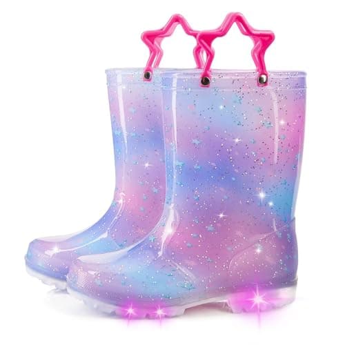 Bottes de pluie lumineuses pour garçons et filles, bottes d'extérieur imperméables pour enfants, bottes de pluie à paillettes et motifs avec poignées faciles à enfiler, rose violet, taille 3