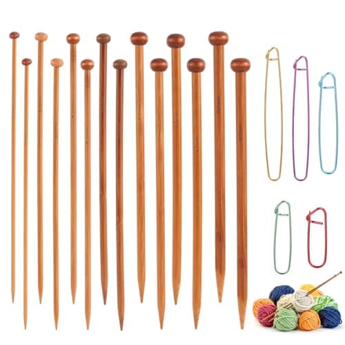 Ensemble d'aiguilles à tricoter en bambou de 7 paires, aiguilles à tricoter droites à pointe unique en bois de 4 mm à 10 mm avec 5 épingles de marqueur de support de point, crochet en bois...