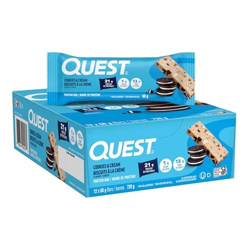Quest Nutrition Barre protéinée saveur biscuits et crème, riche en protéines, riche en fibres, faible en sucre, compatible céto, 21 g de protéines, 1 g de sucre, 12 ct