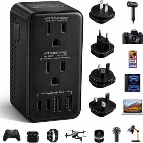 Convertisseur de tension 220 V à 110 V Convertisseur de tension US vers Europe pour sèche-cheveux avec 2 USB A et 2 USB C, adaptateur de voyage européen...