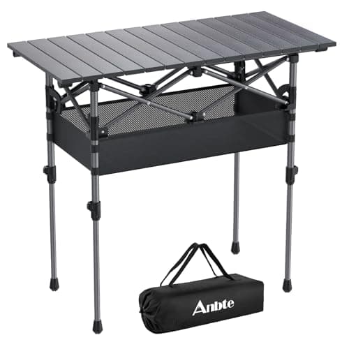 Table de camping pliante Anbte, table de camping enroulable en aluminium, hauteur réglable max 27,5", table de camping légère 32,2" X 16" avec filet de rangement et...