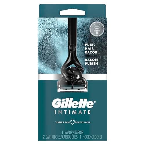 Gillette Intimate Pubic Hair Razor for Men, Designed For Pubic Hair for Manscaping, 1 Razor Handle + 2 Razor Blade Refills + 1 Shower Hook
