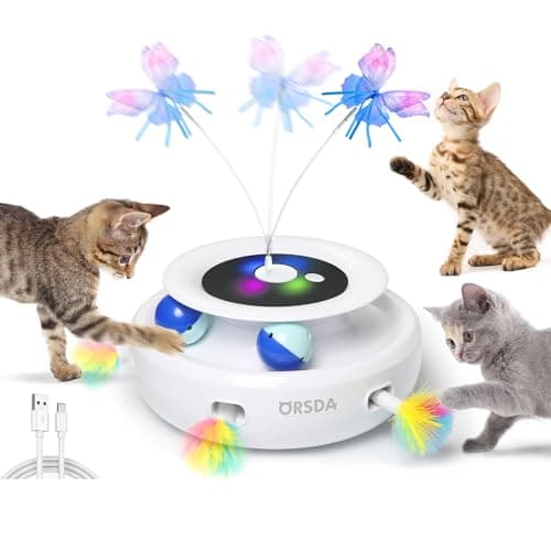ORSDA Cat Toys Rechargeable, 3 in 1 Automatic Cat Toy, Moving Ambush Feather, Fluttering Butterfly, Track Balls, Whack a mole, with 4 Attachments