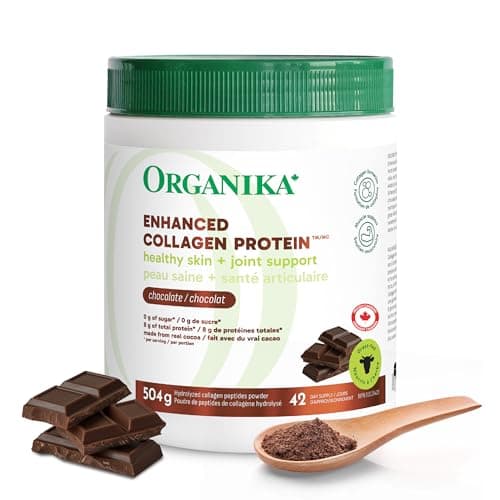 Organika Canadian-Made Chocolate Enhanced Collagen - Grass-Fed Collagen with Real Cocoa, Sugar-Free, Healthy Hair, Skin, Nails, Joints - 504g