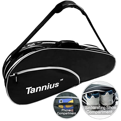 Tannius Sac de raquette de tennis 3-5, avec compartiment pour chaussures et téléphone et coussinet de protection, sac de raquette super spacieux et léger pour tennis, badminton (noir)