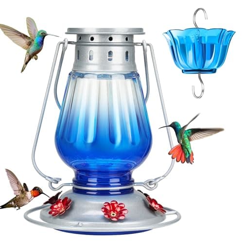 Mangeoire à colibris en verre Kingsyard pour suspension à l'extérieur - Mangeoire à nectar pour colibris anti-fuite de style lanterne vintage avec 6 ports d'alimentation et fourmis...