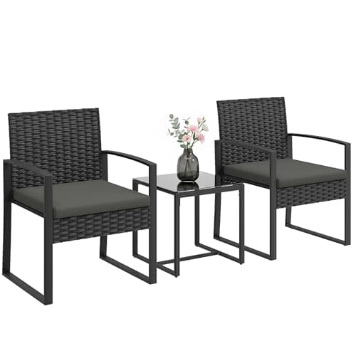 Outsunny 3 Piece Wicker Patio Furniture Set, PE Rattan Bistro Set with Armchairs, Tempered Glass Table, Cushions, Outdoor Furniture Conversation...