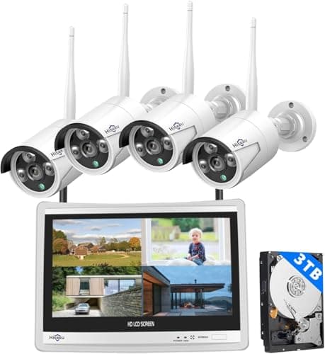 Hiseeu Wireless Security Camera System with 12'' Monitor, 3TB HDD, 2.4G/5G WiFi, Bullet Cameras, All-in-One Home Surveillance, Night Vision, Motion...