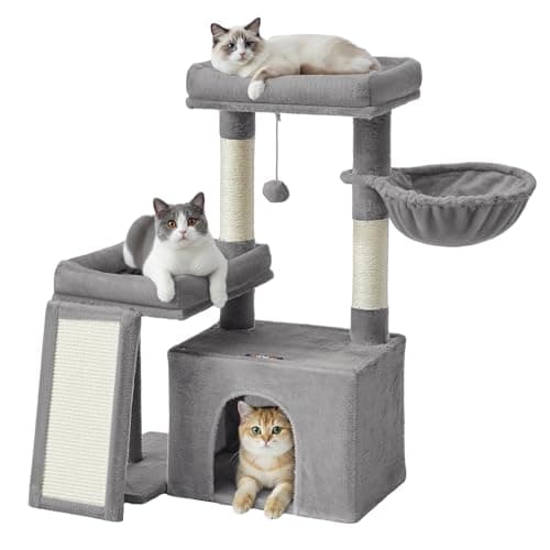 Feandrea Cat Tree Tower Condo for Small and Medium Cats, with Scratching Posts and Ramp, 2 Perches, Cave, Basket, Dove Gray UPCT013GD01