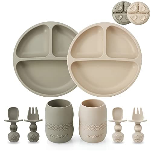 PandaEar Ensemble d'alimentation en silicone pour bébé | Lot de 2 plaques d'aspiration divisées en silicone et 2 petites tasses avec 2 cuillères, 2 fourchettes | Fournitures de sevrage LED pour bébé...