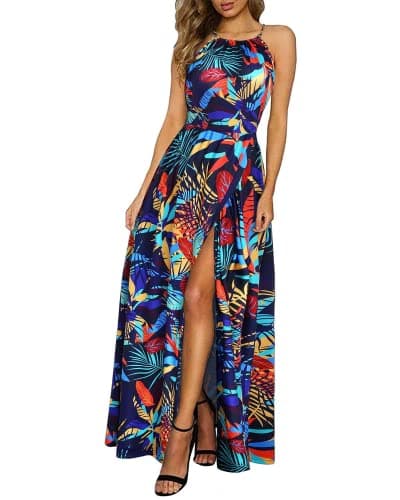 KILIG Robe d'été pour femme 2026 tendance décontractée sans manches dos nu motif floral plage fête maxi longue tenue de vacances (Floral-E, XL)