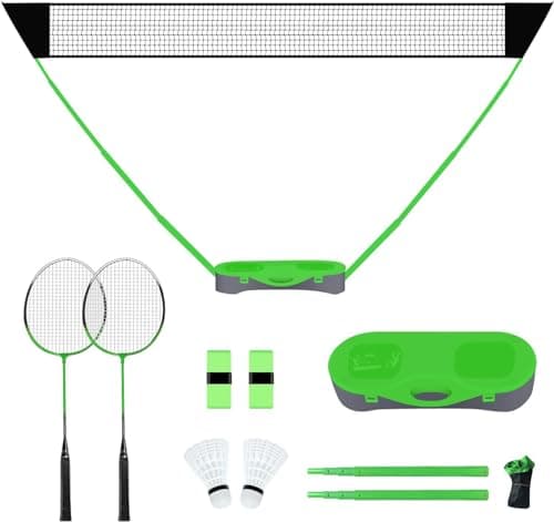 Ensemble de filet de badminton portable FBSPORT avec base de rangement, filet de badminton de volley-ball pliant avec 2 raquettes de badminton 2 volants filet de 10x5 pieds, facile...