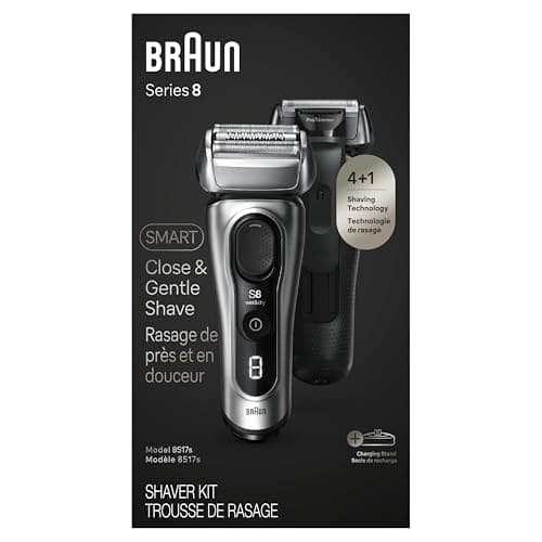 Rasoir électrique Braun Series 8 pour hommes avec tondeuse à cheveux longs de précision, rasoir électrique humide et sec avec support de charge et étui de voyage, 8517s...