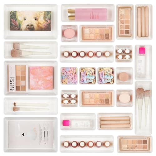 Ensemble d'organisateurs de tiroirs en plastique Vtopmart 25 PCS, plateaux d'organisation de tiroirs de salle de bain et de vanité polyvalents de 4 tailles, bacs de rangement pour le maquillage, la chambre à coucher,...