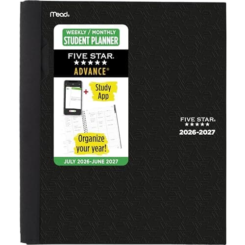 Five Star Planner 2026-2027 Weekly & Monthly Academic 12-Month July-June Advance Student Planner + Study App, 8-1/2" x 11", Black (CAW65905)