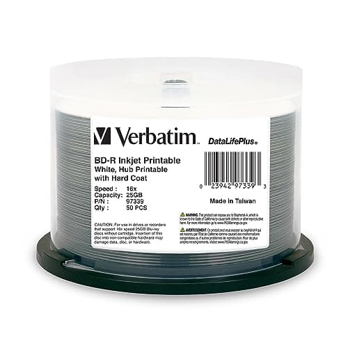 Verbatim BD-R 25GB 16X DataLifePlus White Inkjet Printable, Hub Printable - 50pk Spindle (97339)