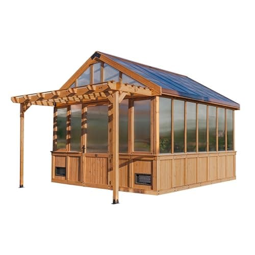 Backyard Discovery Bellerose XL Greenhouse 4m x 3.4m Cedar Wood, Polycarbonate Wall, Walk-in, Temp-Activated Fan, Hose Hook-Up, Electric, Staging...