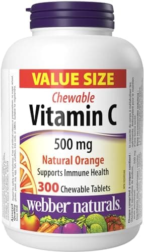 Webber Naturals Vitamine C Chewbale 500 mg, 300 comprimés à saveur d'orange, pour la santé des os, des dents, du système immunitaire et des antioxydants