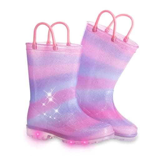 Toddler Kids Rain Boots Boys Girls Light Up Waterproof Boot with Handles, Little Kid Size 13, Pink Purple Blue