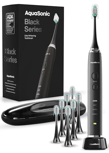 Aquasonic Black Series Ultra Whitening Toothbrush – ADA Accepted electric toothbrush- 8 Brush Heads & Travel Case – 40,000 VPM Electric Motor &...