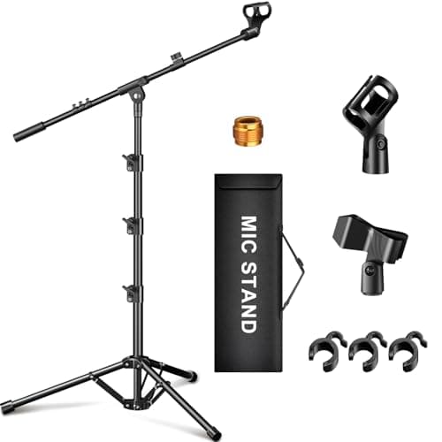 Support de microphone, trépied à bras de flèche, support de micro au sol, réglable en hauteur, robuste avec sac de transport, 2 clips de micro, adaptateur 3/8" à 5/8" pour chanter...