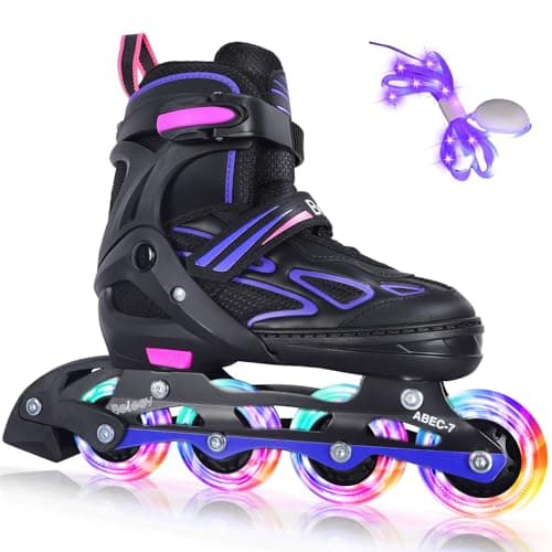 BELEEV Inline Skates with Light-Up Wheels & Shoelaces, 4-Size Adjustable Roller Blades for Kids Ages 5-12, Illuminating Skates for Boys Girls Men...