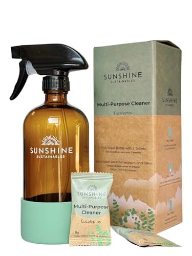 Kit de nettoyage multi-usages Sunshine Sustainables : flacon pulvérisateur en verre rechargeable de 500 ml + 2 tablettes de nettoyage écologiques, ménage tout usage...