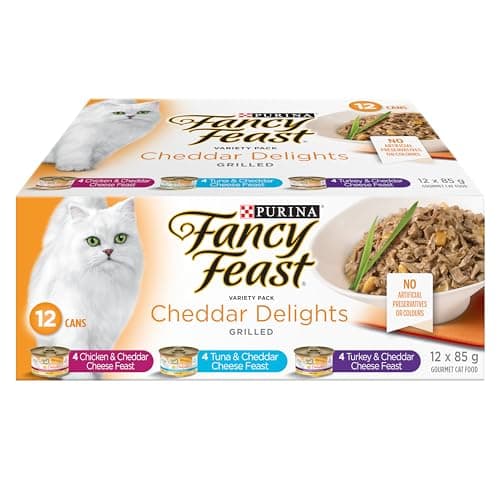 Fancy Feast Wet Cat Food, Cheddar Delights Variety Pack 3 Flavours - 85 g Can (12 Pack)