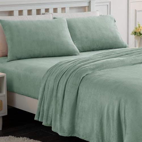 Softan Draps polaires Queen Size, flanelle comme des draps doux et chauds en peluche, literie en micropolaire polaire en velours pour l'hiver, vert sauge