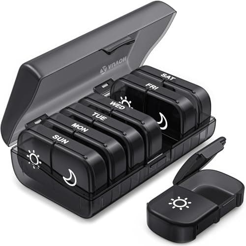 AUVON XL Weekly Pill Organizer 2 Times a Day, Pill Box 7 Day with One-side Large Opening Design for Easy Filling, Black Privacy Protection AM PM...
