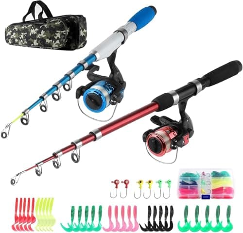 Canne à pêche télescopique et moulinet – Cannes de 1,3 m et 1,6 m + 2 moulinets spinning + hameçons pour leurres + sac de pêche, kit de voyage pour enfants et familles débutants