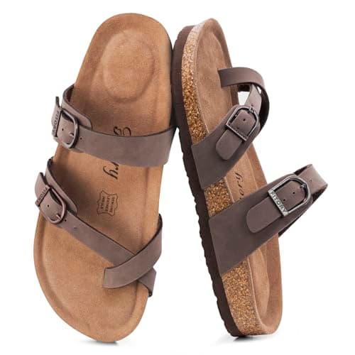 FITORY Women's Slide Sandals with Soft Cork Footbed, Comfort Arch Support Flat Sandals for Summer Brownish Yellow Size 7